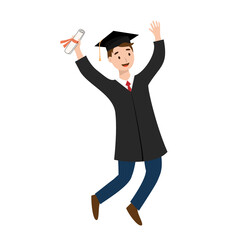 Gaduation ceremony concept. Joyful student boy with a diploma. Jumping for joy graduated from university, college or school. Vector illustration in flat style