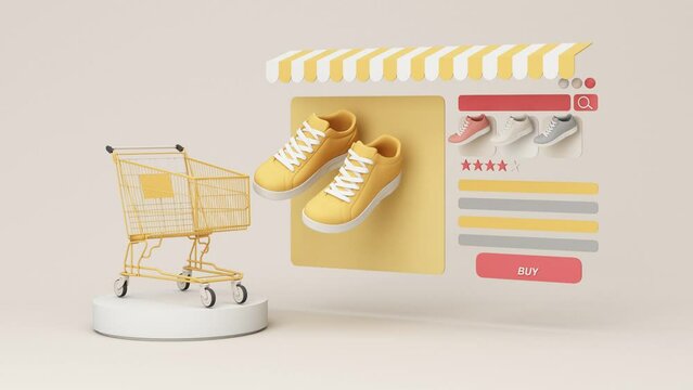 Online store concept on laptop screen with striped awning and shoe sneaker pastel color on screen with buy icon and comment review. on white background realistic 3d rendering