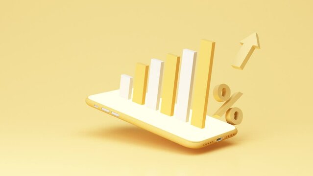 Big percent symbol and bar chart on phone screen and digital money in the concept of financial stability and growth and an empty space for entering text on a yellow background realistic 3d render