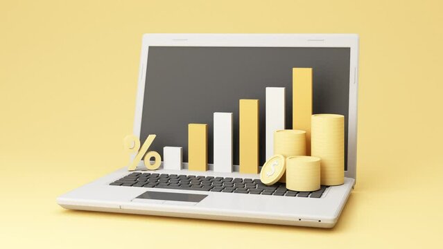 Big percent symbol and bar chart on laptop and digital money in the concept of financial stability and growth and an empty space for entering text on a yellow background realistic 3d render