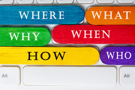 Colorful wooden sticks with 5W and 1H - Where, What, Why, When, Who and How.