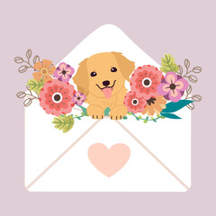 The character of cute golden retriever dog sitting in the letter with heart sticker and flower in flat vector. Illustration about love and valentin's day.
