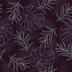 Tropical seamless pattern with trendy tropical plants and leaves on a dark background.
