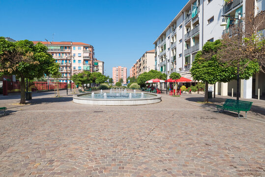 Quarto Oggiaro (street de Roberto), pedestrian area with fountain, in the central area. Quarto Oggiaro is a district of Milan from which it is a few km, northern Italy