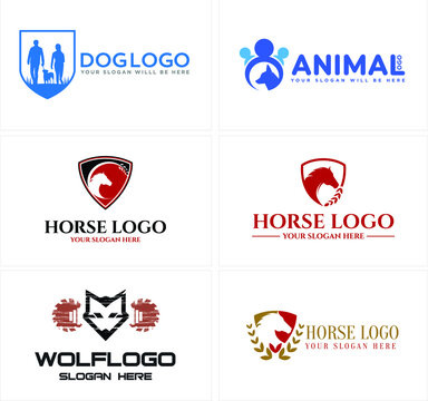 Set of animal vector illustration with various kinds such as dog, horse, wolf, and icon people logo design. Isolated white background