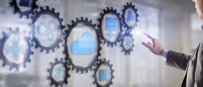 Cloud computing touchscreen interface. Futuristic display 2022