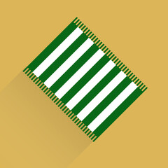 green beach towel on a sand background with long shadow. Vector, cartoon illustration