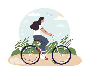 Woman riding bicycle. Young girl resting at weekend in park, active lifestyle and sports. Fitness and fat burning, cardio workout. Person at summer or spring season. Cartoon flat vector illustration - obrazy, fototapety, plakaty