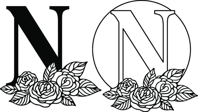 Latin letter N with rose floral composition. Cut file on white background