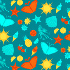 Fototapeta na wymiar Vector seamless summer pattern with sun, flowers, butterfly, lemon, lime, seashell, starfish, ice cream, strawberry