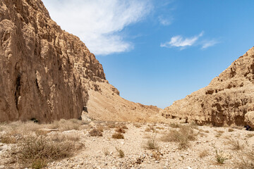 Fototapeta premium Mountains of stone desert near the Tamarim stream on the Israeli side of the Dead Sea near Jerusalem in Israel