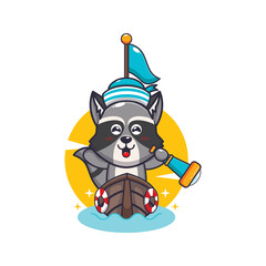 cute raccoon mascot cartoon character on the boat