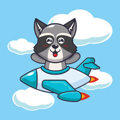 cute raccoon mascot cartoon character ride on plane jet