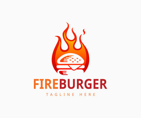 Hot burger logo design template. Burger with fire logo design vector.