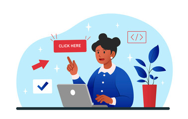 Click here concept. Young girl with laptop points to place for weblink. Advertising poster or banner for website. Promotion of goods and services on Internet. Cartoon flat vector illustration