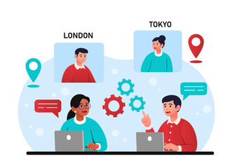 Concept of communication. Man and girl at laptop discuss problems, friends communicate via video call from different countries. Modern technologies and social media. Cartoon flat vector illustration