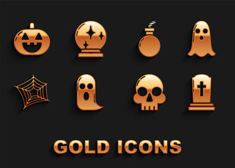 Set Ghost, Tombstone with cross, Skull, Spider web, Bomb ready explode, Pumpkin and Magic ball icon. Vector