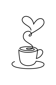 Coffee cup with heart steam, line art illustration over a