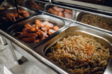 buffet food, catering food party at restaurant, mini canapes, snacks and appetizers