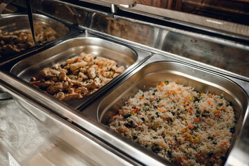 buffet food, catering food party at restaurant, mini canapes, snacks and appetizers