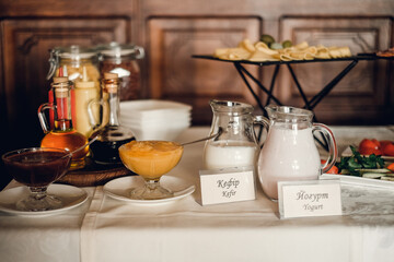 buffet food, catering food party at restaurant, mini canapes, snacks and appetizers