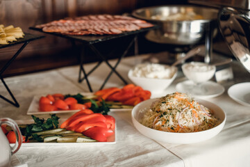 buffet food, catering food party at restaurant, mini canapes, snacks and appetizers