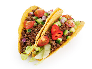 Mexican tacos with meat and vegetables isolated on white background. With clipping path.