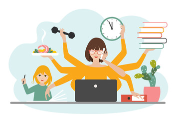 Multitask woman. Mother, businesswoman with child, working, coocking and calling. Flat vector. - 503446968