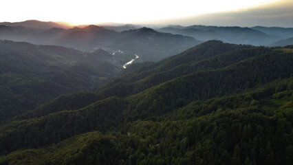 Sunset over Carpathian mountains covered with pine trees in Ukraine captured in an aerial drone shot