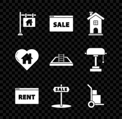 Set Hanging sign with text Sale, Online, Home symbol, Rent, Hand truck and boxes, House heart shape and Swimming pool ladder icon. Vector