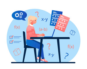 Girl passed examination. Woman at her desk trying to solve math equation, student in classroom. Education and training of young specialists, skills development. Cartoon flat vector illustration