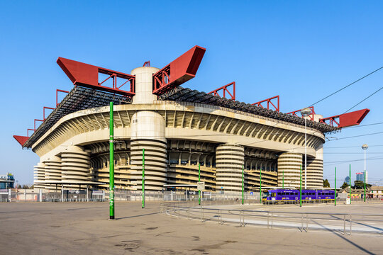 Milan, Italy - March 28, 2022: General view of the San Siro football stadium, home stadium of both Inter Milan and AC Milan football clubs with a capacity of 80 000 spectators.