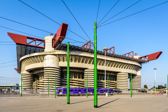 Milan, Italy - March 28, 2022: General view of the San Siro football stadium, home stadium of both Inter Milan and AC Milan football clubs with a capacity of 80 000 spectators.