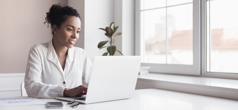 Young Woman Using Laptop Computer At Office. Student Girl Working At Home Banner. Work Or Study From Home, Freelance, Business, Lifestyle Concept