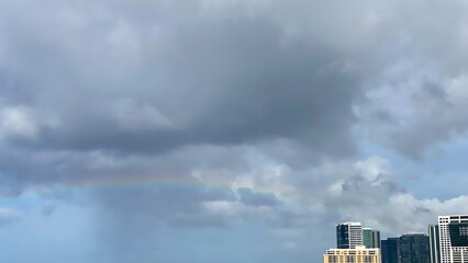 Long rainbow with dramatic clouds over the waikiki beach oahu Island, Hawaii year 2022