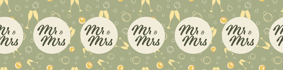 Mr and Mrs wedding typography vector template border on a backdrop of champagne glasses, fizzy bubbles. Sage green gold banner with fizzy celebration drinks and circle framed script font for wedding