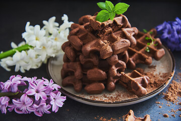 Chocolate Belgian waffles, sprinkled with cocoa, on a ceramic plate.