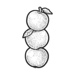 Three apple fruits tower sketch engraving raster illustration. T-shirt apparel print design. Scratch board imitation. Black and white hand drawn image.