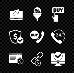 Set Laptop and cursor, Lead management, Buy button, Online shopping screen, Chain link coin, Computer monitor, Shield with dollar and Phone speech bubble icon. Vector