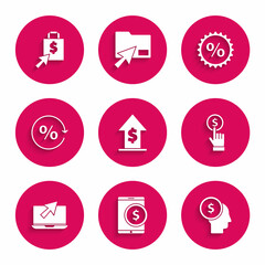 Set Financial growth and coin, Tablet with dollar, Business man planning mind, Hand holding, Laptop cursor, Discount percent tag, and Shoping bag icon. Vector