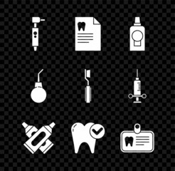 Set Tooth drill, Clipboard with dental card, Mouthwash plastic bottle, Crossed tube of toothpaste, whitening concept, Id, Enema pear and Toothbrush icon. Vector