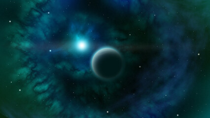 Fototapeta na wymiar Space Art n°3 Gas giant exoplanet in a green blue nebula receving light from his blue dwarf sun (Illustration 3D)