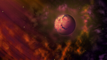 Obraz na płótnie Canvas Space Art n°4 Telluric desert exoplanet in a purple orange nebula receving rays of light (Illustration 3D)