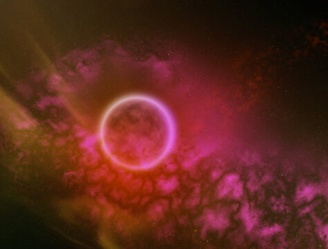 Space Art n°2 Gas giant exoplanet glowing in a pink nebula receving orange rays of light (Illustration 3D)