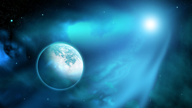 Space Art n°6 Telluric rocky ice exoplanet in an blue green nebula receving radiation and rays of light from its sun (Illustration 3D)