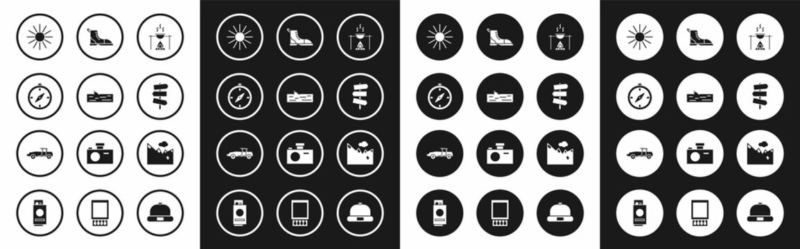 Set Campfire and pot, Wooden log, Compass, Sun, Road traffic signpost, Hiking boot, Mountains and Car icon. Vector