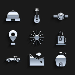 Set Sun, Mountains, Canteen water bottle, Cup of tea with tea bag, Car, Location, Wrist watch and Beanie hat icon. Vector