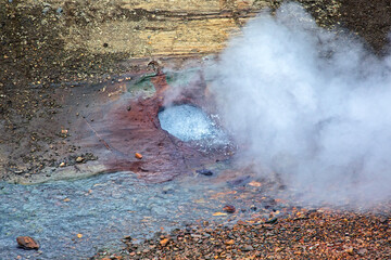 Smoking geysers in the mountains of Iceland