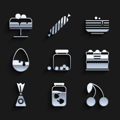 Set Glass jar with candies inside, Strawberry jam, Cherry, Cake, Candy, Chocolate egg, Stack of pancakes and on plate icon. Vector