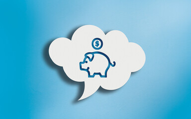 Piggy Bank Icon in White Cloud Speech Bubble on Blue